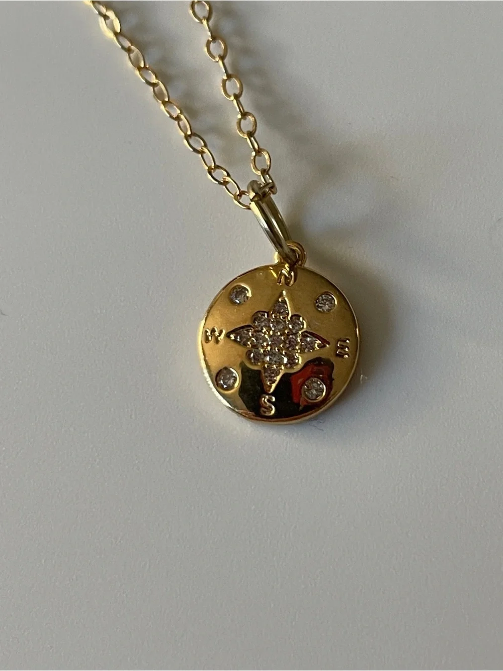 Gold Filled Compass Pendant Necklace Sparkle Gold Chain Crystal Accents NEW